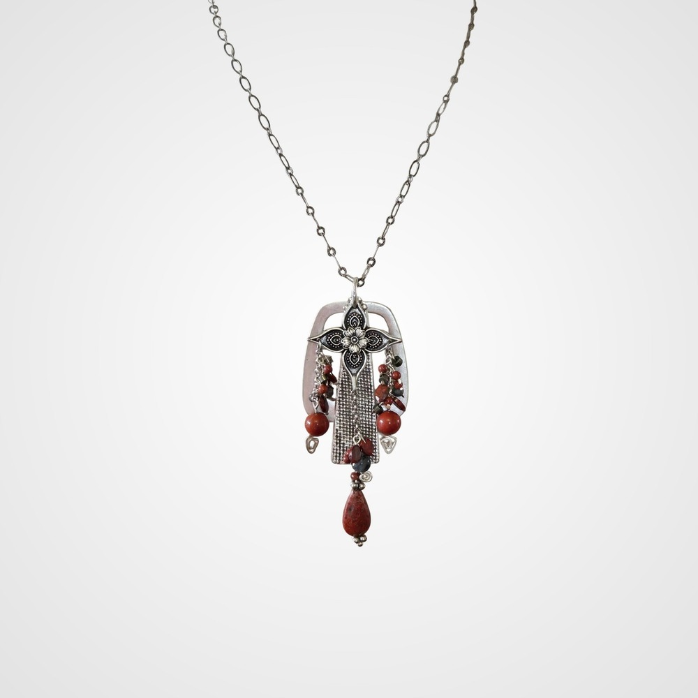 Artisan Red Jasper & Bali‎ Silver Pendant Necklace Boho, Art to Wear, Jewelry